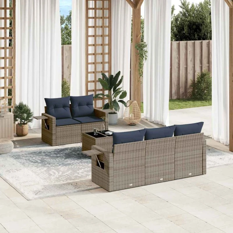 vidaXL Havesofasæt 6 dele grå polyrattan med glasbord