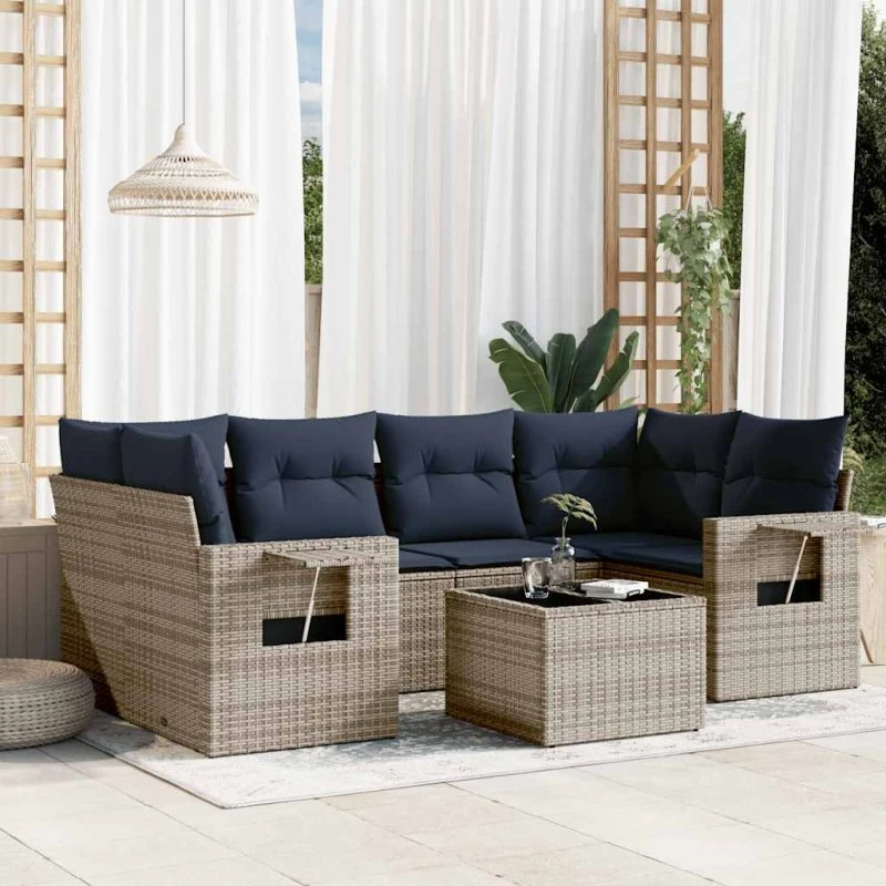 vidaXL havesofasæt 7 dele grå polyrattan med glasbord