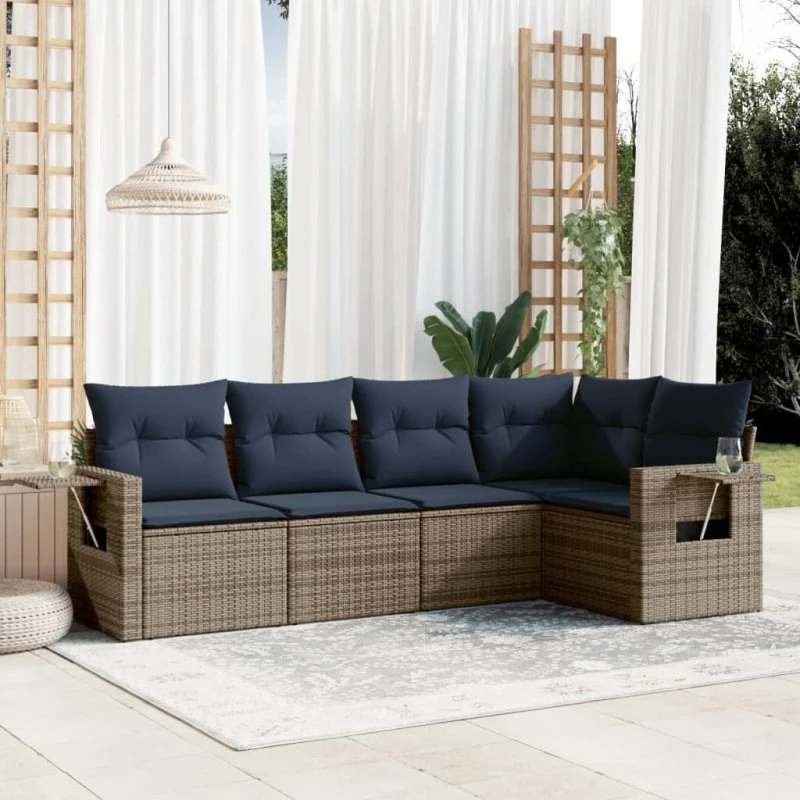 vidaXL Havesofasæt 5 dele grå polyrattan med marineblå hynder