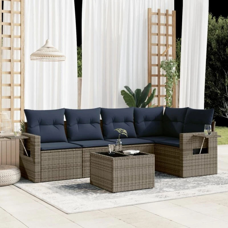 vidaXL havesofasæt 6 dele grå polyrattan med glasbord