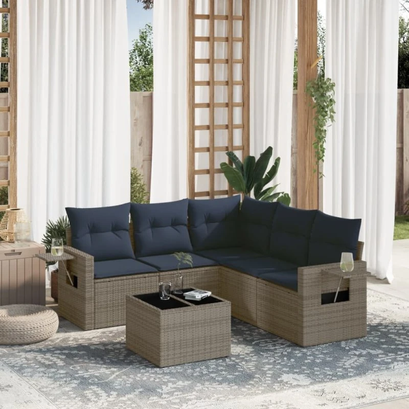 vidaXL Havesofasæt 6 dele grå polyrattan med glasbord