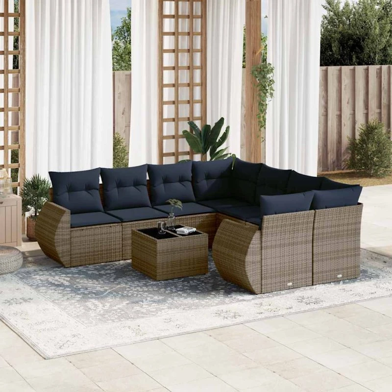 vidaXL havesofasæt 9 dele grå polyrattan med glasbord
