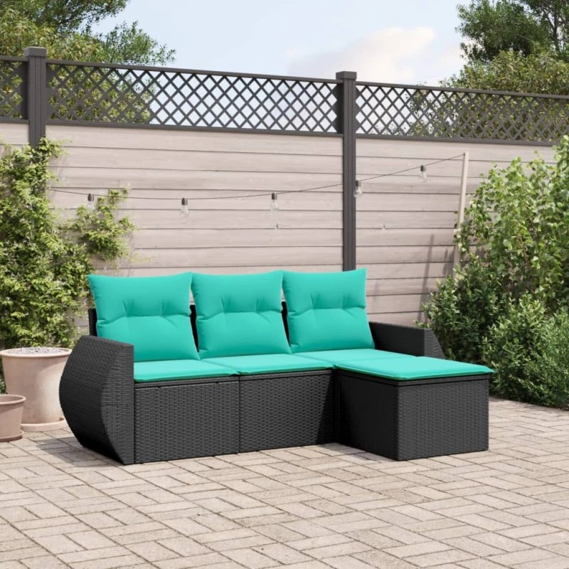 vidaXL Havesofasæt 4 dele sort polyrattan med blå hynder