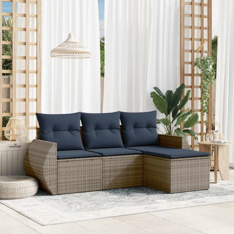 vidaXL Havesofasæt 4 dele grå polyrattan med hynder