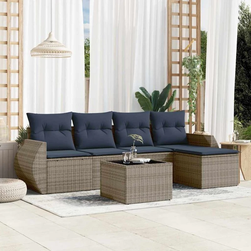 vidaXL havesofasæt 6 dele grå polyrattan med glasbord
