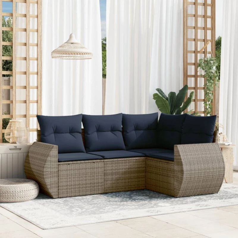 vidaXL Havesofasæt 4 dele grå polyrattan med marineblå hynder