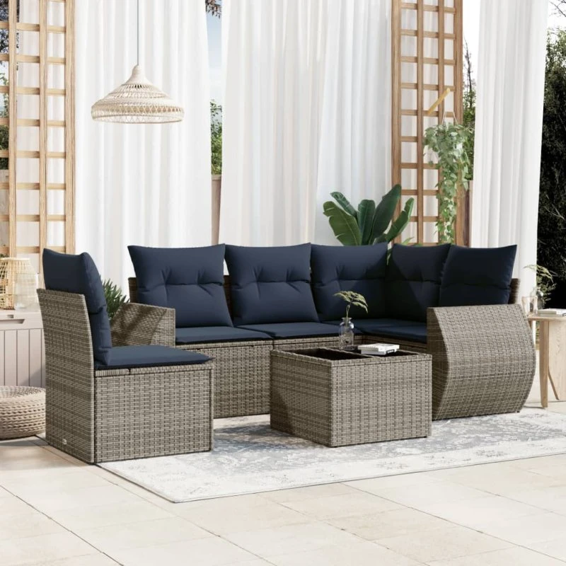 vidaXL Havesofasæt 6 dele grå polyrattan med glasbord