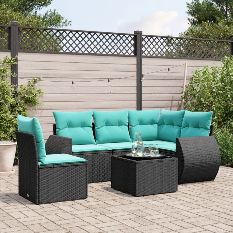 vidaXL havesofasæt 6-personer sort polyrattan med glasbord