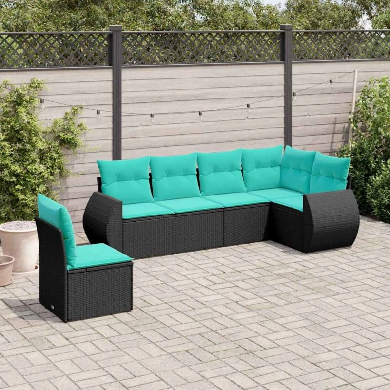 vidaXL havesofasæt 6-pers. sort polyrattan med blå hynder