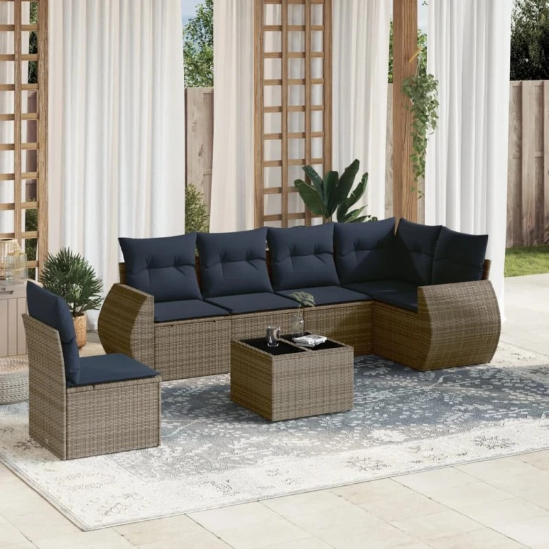 vidaXL Havesofasæt 7 dele grå polyrattan med glasbord