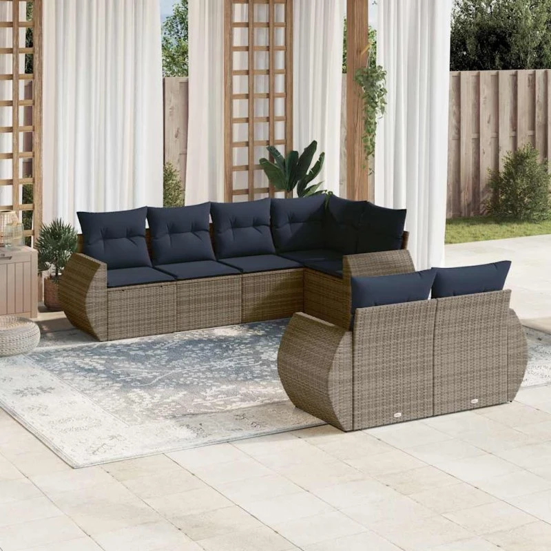 vidaXL Havesofasæt 7 dele grå polyrattan med marineblå hynder