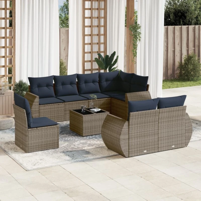 vidaXL havesofasæt 9 dele grå polyrattan med glasbord