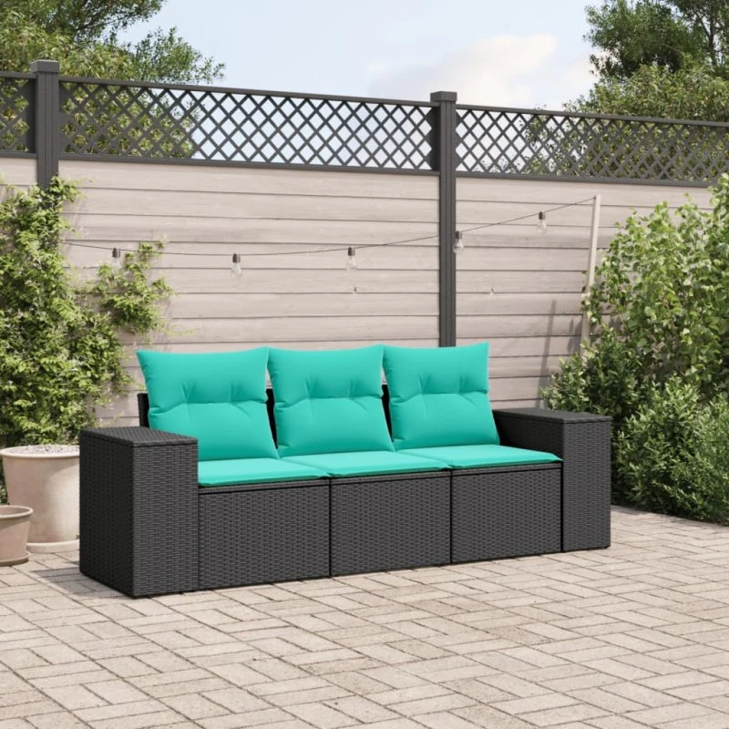 vidaXL havesofasæt 3 dele sort polyrattan med blå hynder