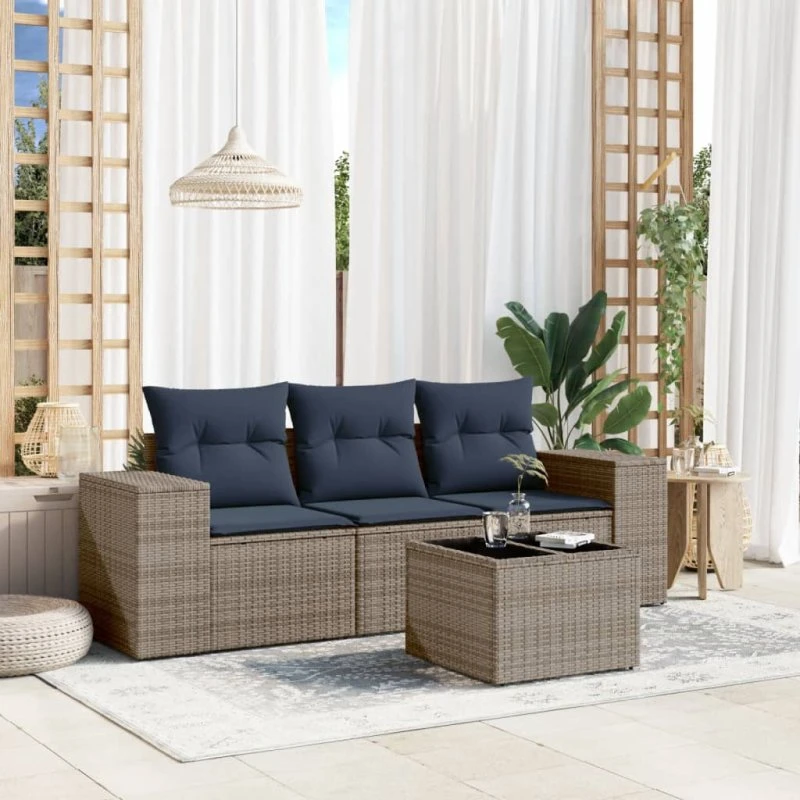 vidaXL havesofasæt 4 dele grå polyrattan med marineblå hynder
