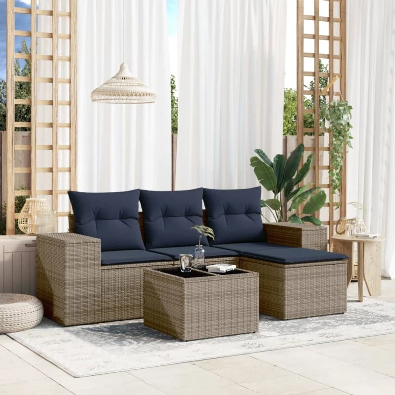 vidaXL Havesofasæt 5 dele grå polyrattan med glasbord
