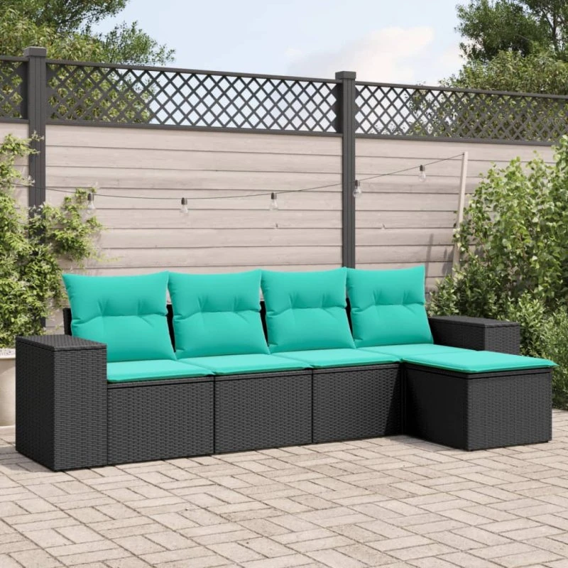 vidaXL havesofasæt 5 dele sort polyrattan med blå hynder