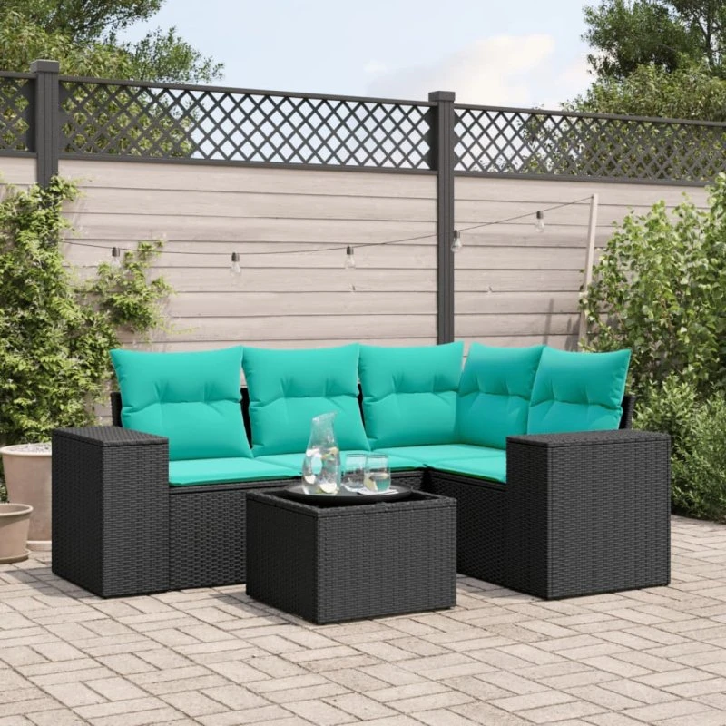 vidaXL havesofasæt 5 dele sort polyrattan med glasbord og blå hynder
