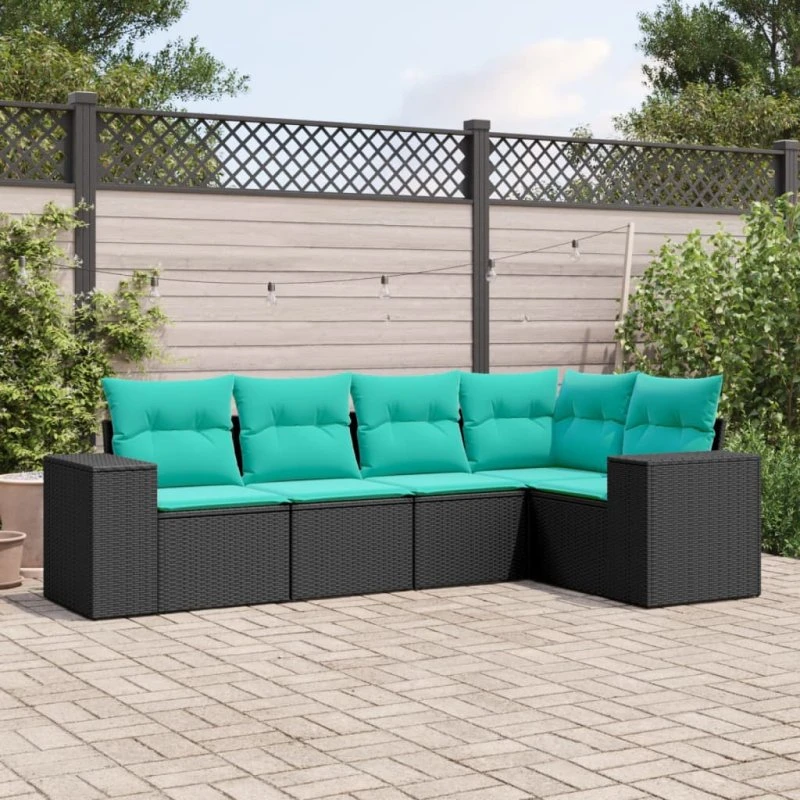 vidaXL havesofasæt 5 dele sort polyrattan med blå hynder