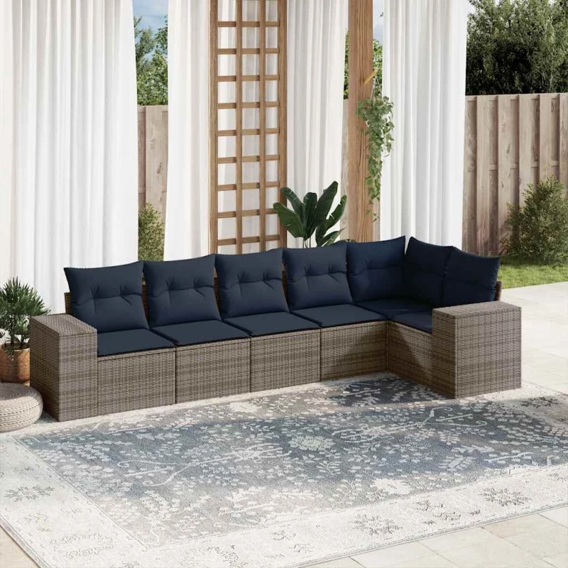 vidaXL havesofasæt 6 dele grå polyrattan med marineblå puder