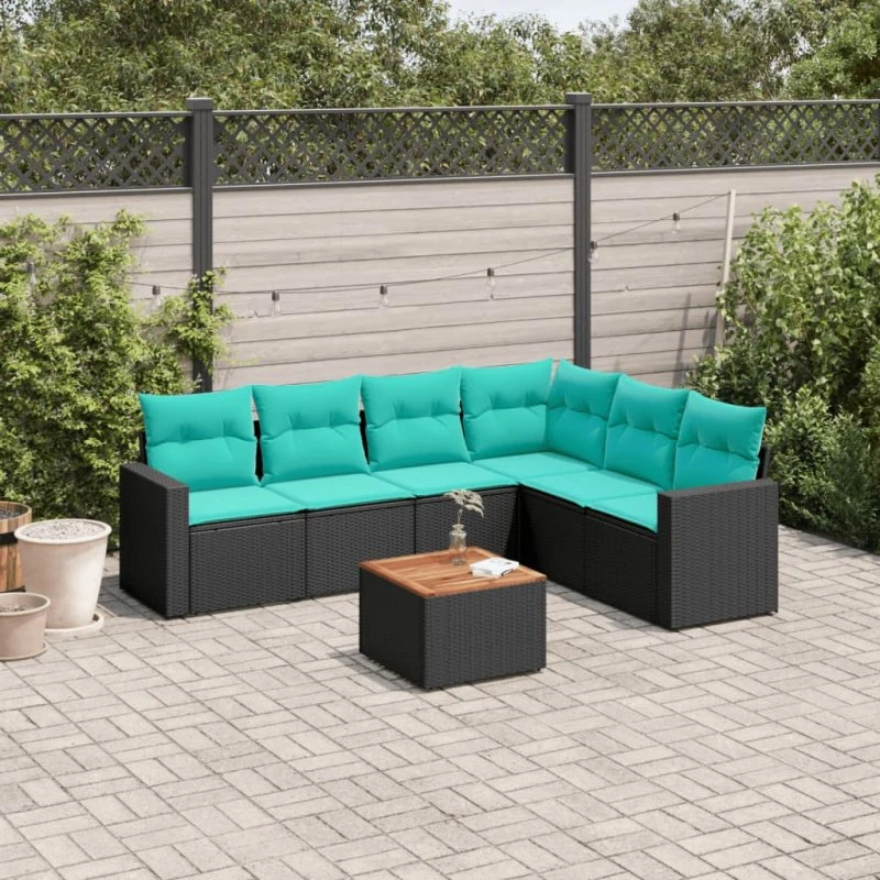vidaXL 7-delssæt polyrattan med hynder, sort