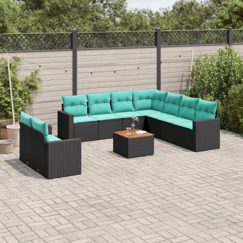vidaXL 10-deligt polyrattan sofasæt med hynder, sort