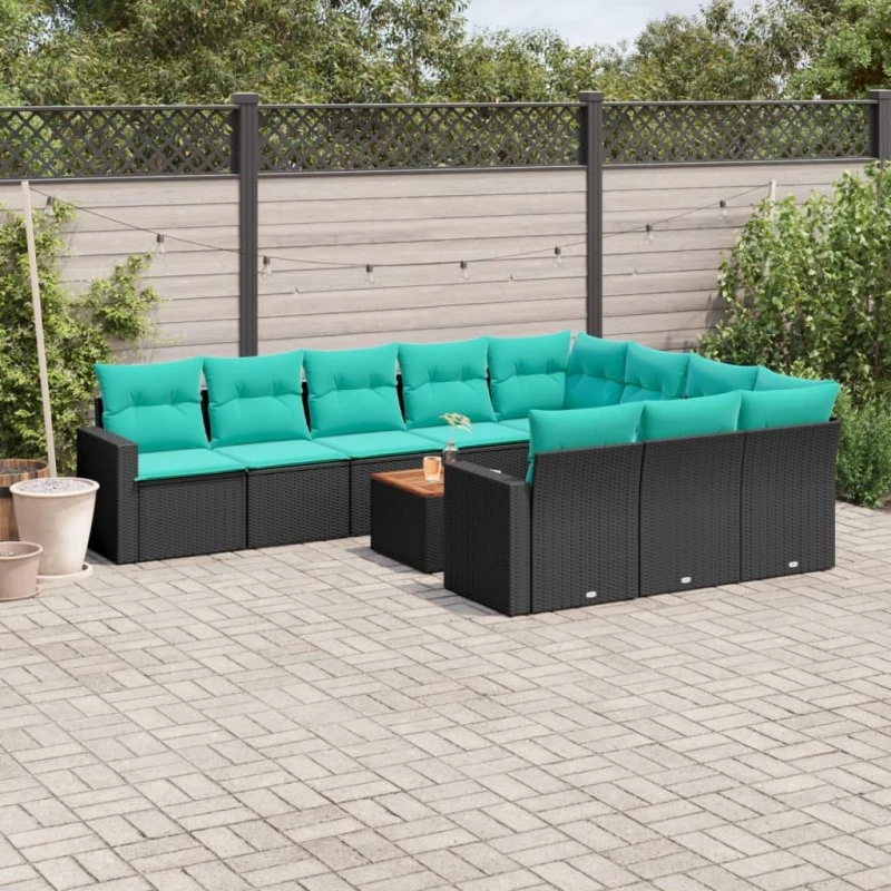 vidaXL 11-deligt polyrattan havesofasæt med blå hynder, sort