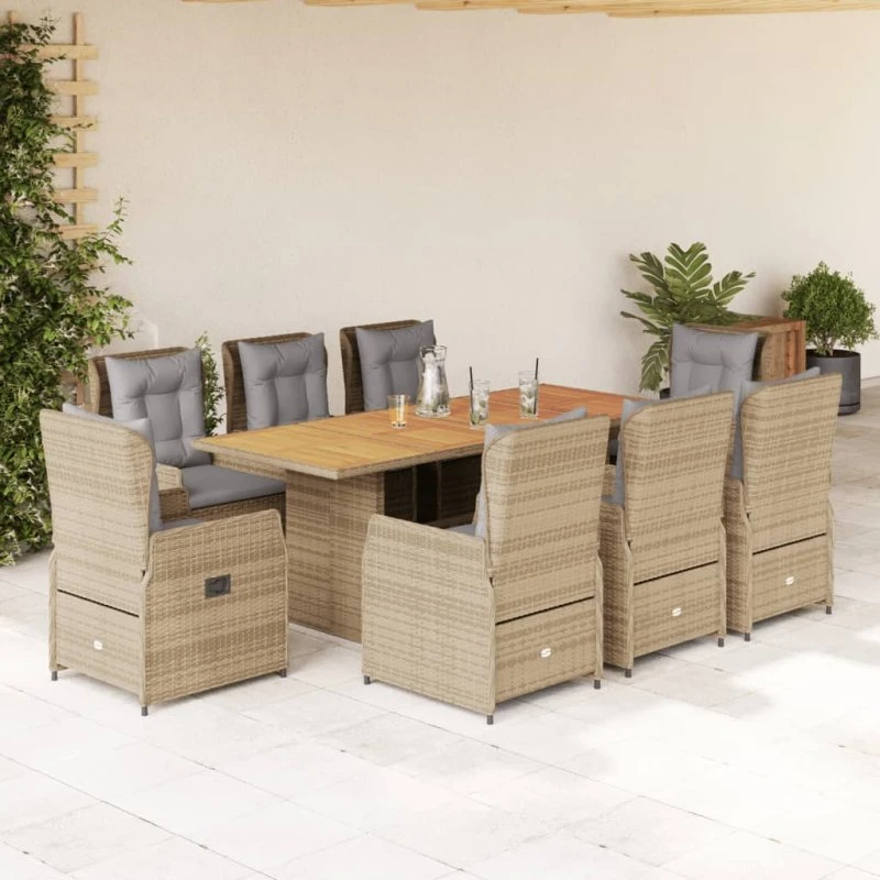 vidaXL 9-delers polyrattan spisebordssæt med hynder, beige