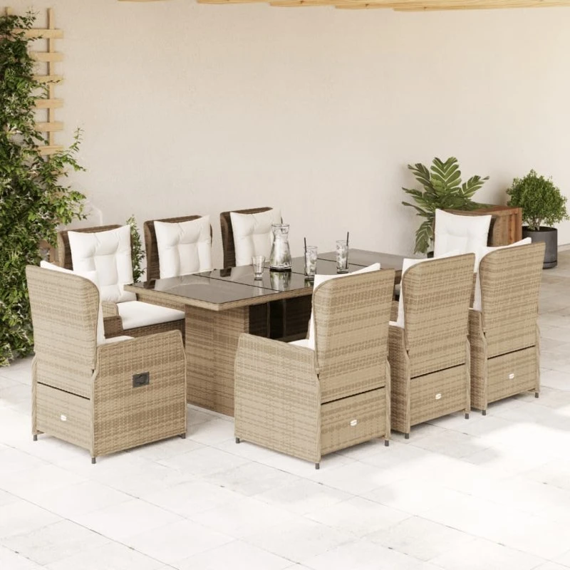 vidaXL 9-deligt spisebordssæt i polyrattan med hynder, beige