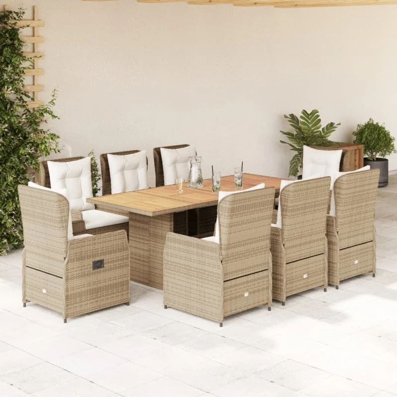 vidaXL 9-deligt spisebordssæt i polyrattan, beige, med hynder