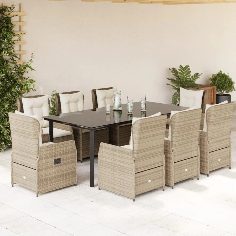 vidaXL 9-delers polyrattan spisebordssæt med hynder, beige