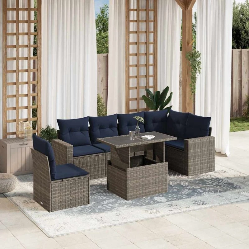 vidaXL 7-del havesofasæt grå polyrattan med hævebord