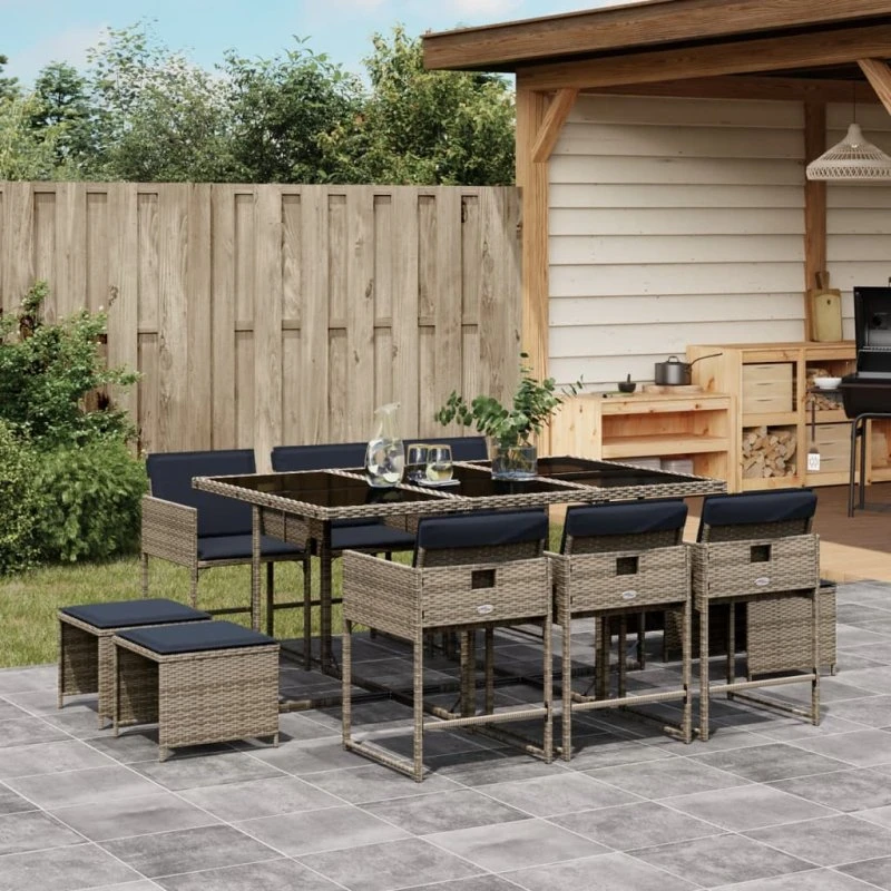 vidaXL 11-delt havespisesæt grå polyrattan med marineblå hynder