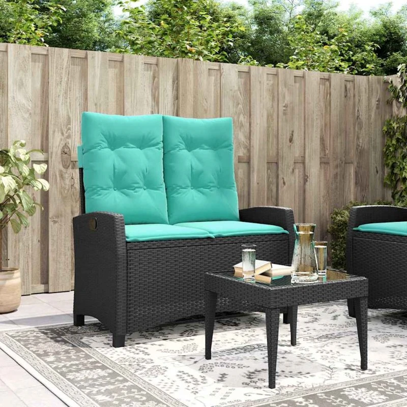 vidaXL havebænk med hynder og lænefunktion i polyrattan sort