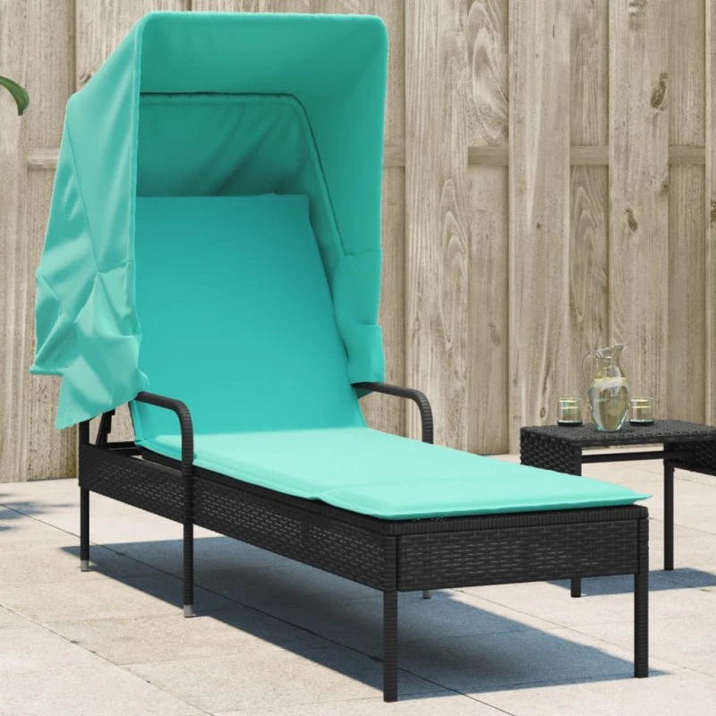 vidaXL liggestol med baldakin, sort polyrattan, 4-positioner ryglæn