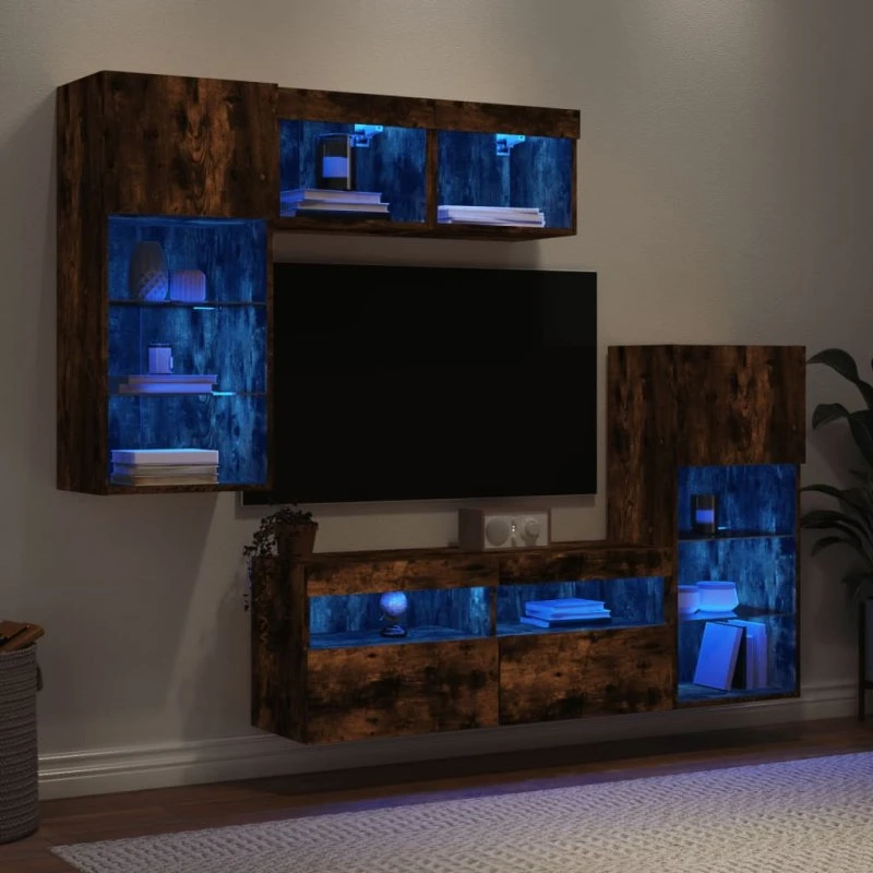 vidaXL Væghængt tv-møbel 5 dele, røget eg med RGB LED