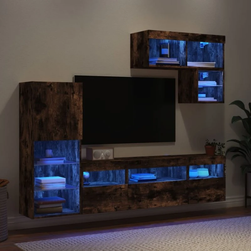 vidaXL Røget Eg Tv-Møbel til Væg 6 Deler med RGB LED