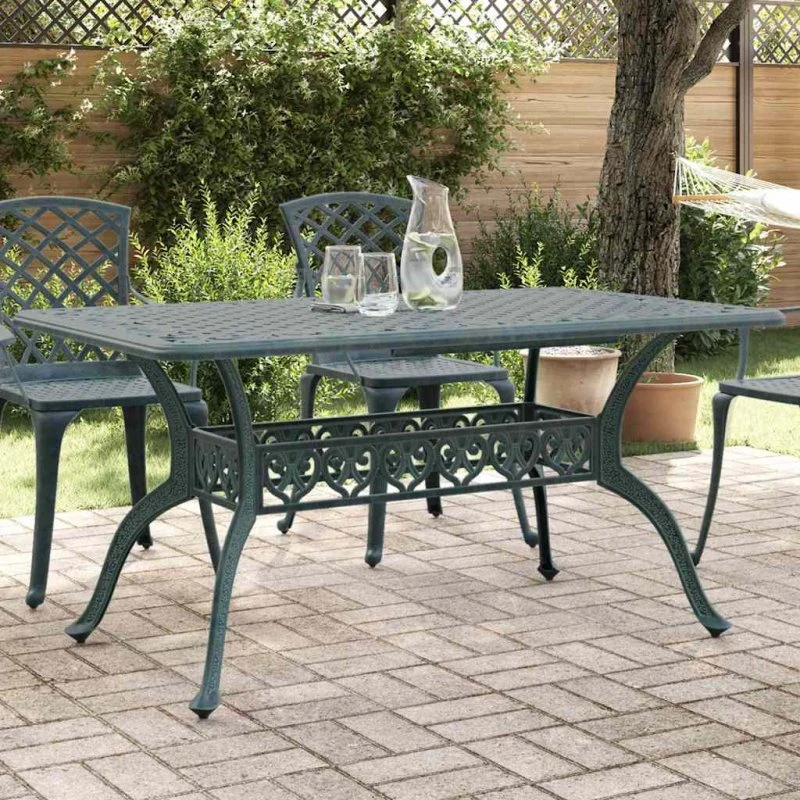 vidaXL havebord 150x90x72 cm grønt støbt aluminium med parasolhul