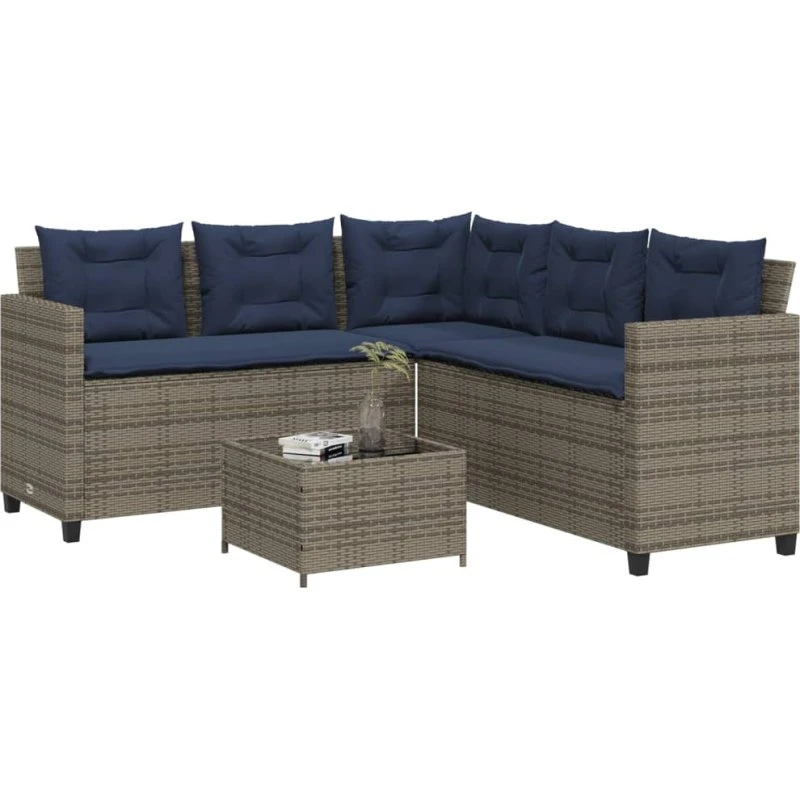 vidaXL L-formet havesofa med bord og hynder grå polyrattan