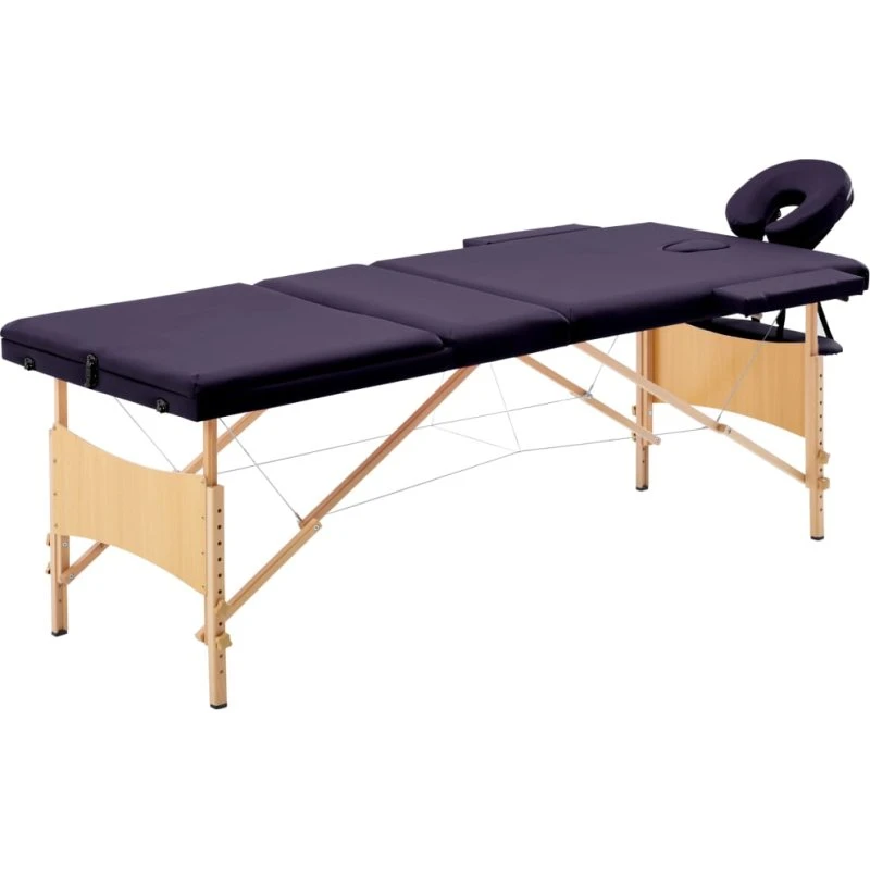 vidaXL sammenfoldeligt massagebord 3 zoner lilla med træstel