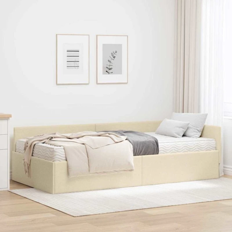 vidaXL Hjørnesengramme med Madras 90x200 cm Creme