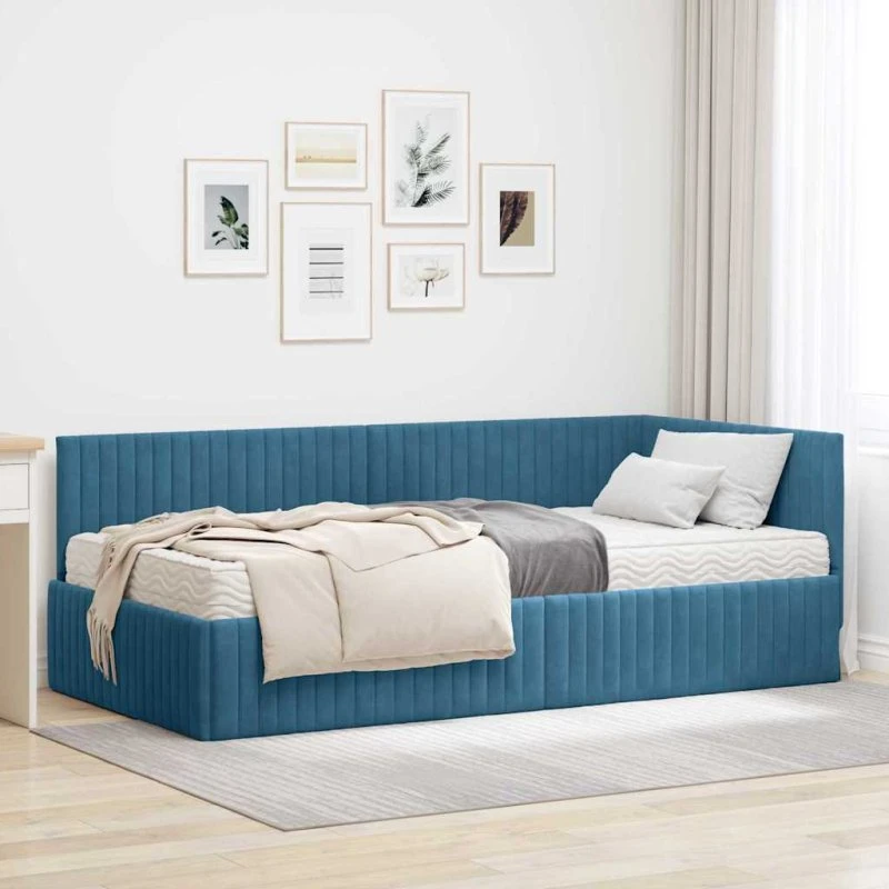 vidaXL Hjørneseng 90x200 cm med Madras og Hovedgærde Blå Fløjl