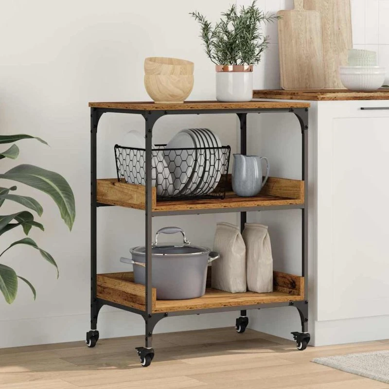 vidaXL Køkkenvogn Gammelt Træ 60x41x80,5 cm Konstrueret Træ & Stål