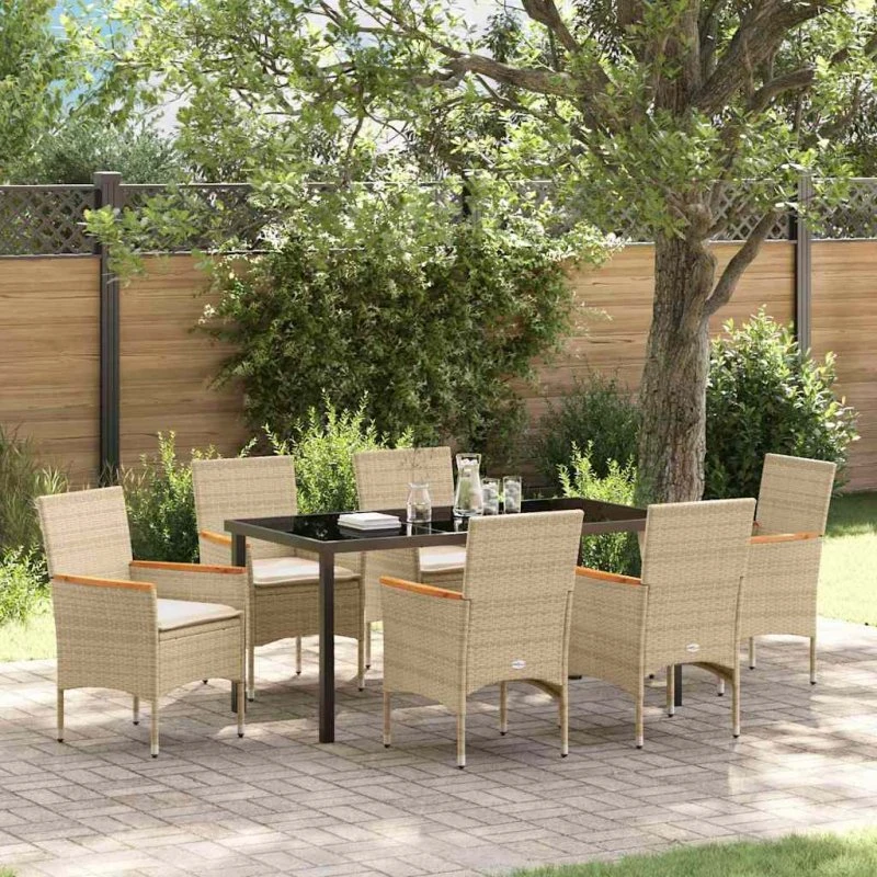 vidaXL Have Spisebordssæt 7 dels Beige PolyRattan med Puder