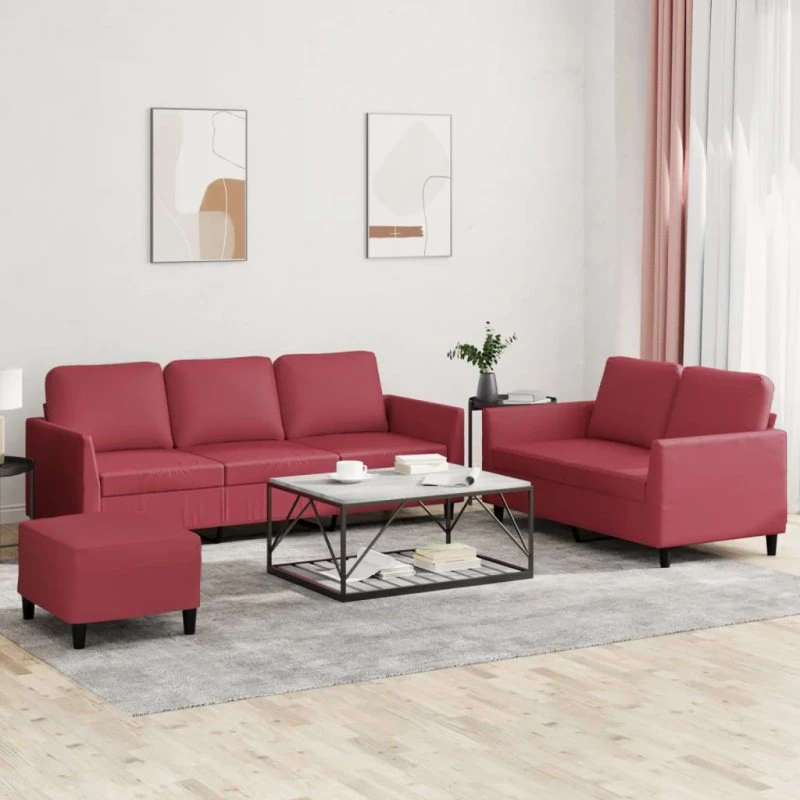 vidaXL 3-delet sofasæt med hynder i vinrød kunstlæder