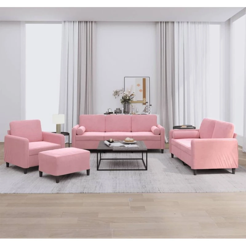 vidaXL sofasæt 4 dele lyserød velour med puder