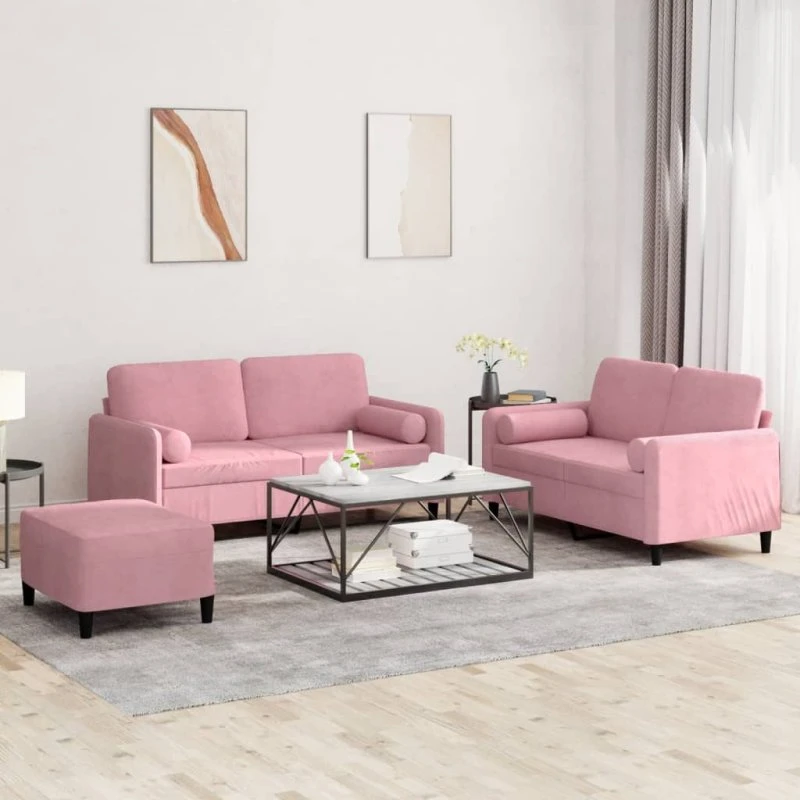 vidaXL sofasæt 3 dele lyserød velour med puder