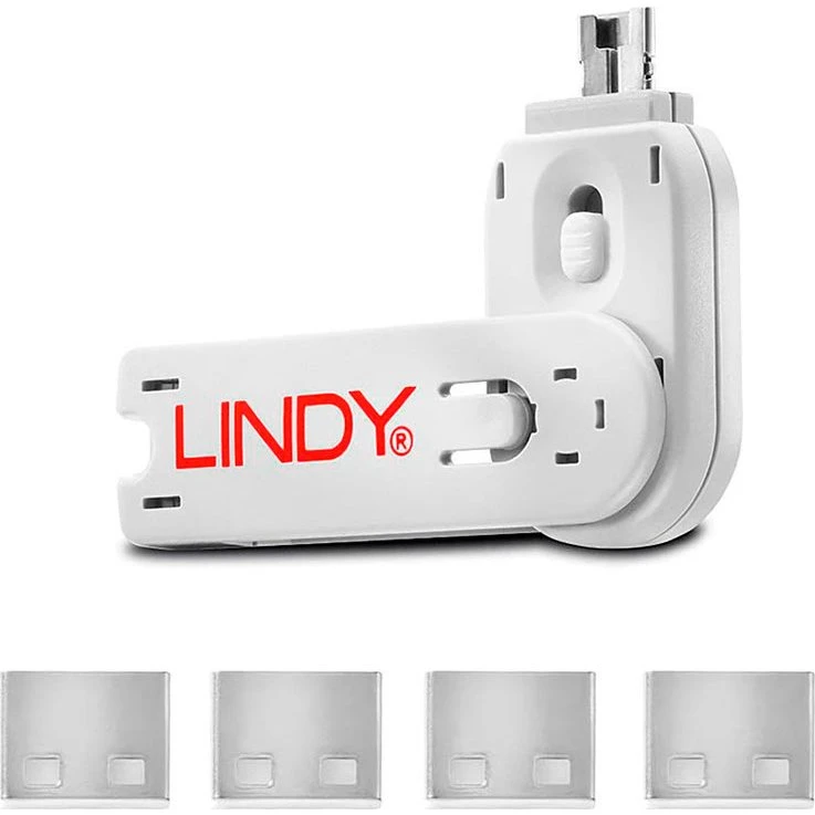 Lindy USB-A Port Blocker med Monteringsnøgle (4 stk) Hvid