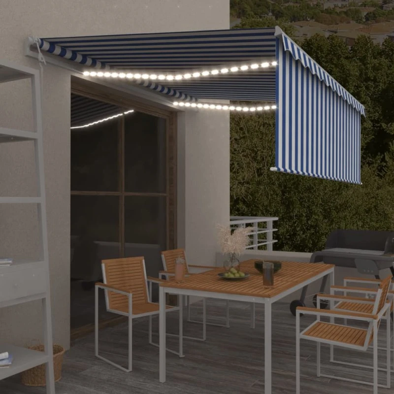 vidaXL Automatisk Markise 4,5x3 m med Gardin, LED og Vindsensor - Blå/Hvid
