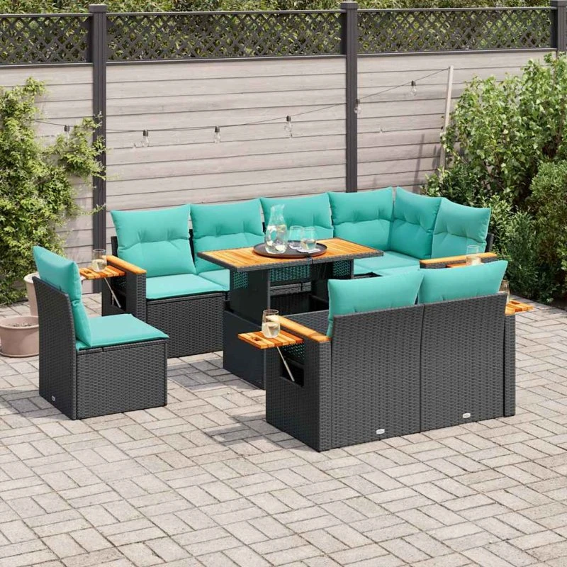 vidaXL 9-deligt havesofasæt i polyrattan med akacietræ, sort