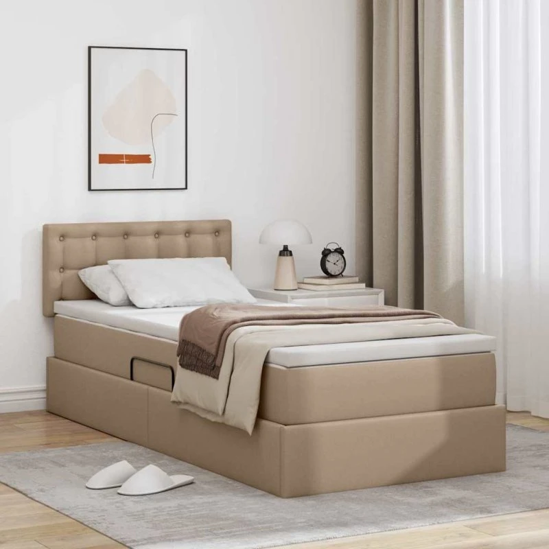 vidaXL Seng med opbevaring, cappuccino faux læder 90 x 200 cm